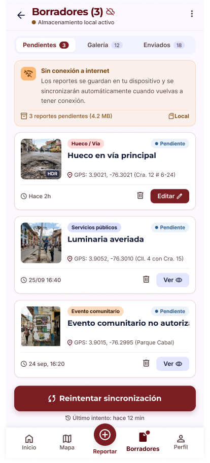 Pantalla de gestión y seguimiento de reportes en BugaReport