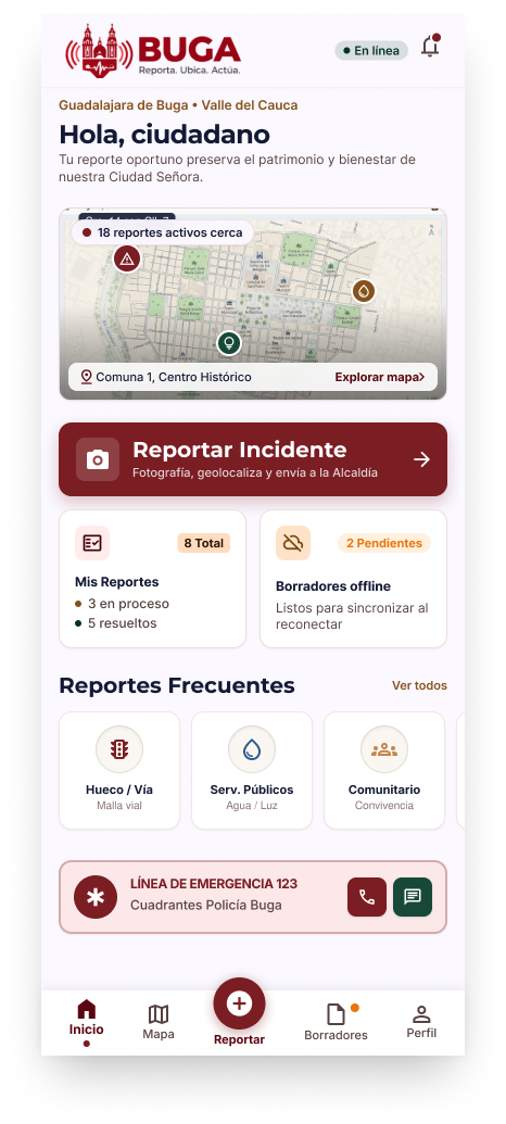 Pantalla principal de BugaReport mostrando mapa y opciones de reporte